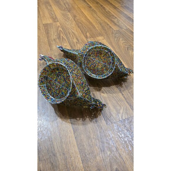 Set Of 2 Handmade Beaded Wire Chicken Baskets For Decor Or Storage - Picture 7 of 12